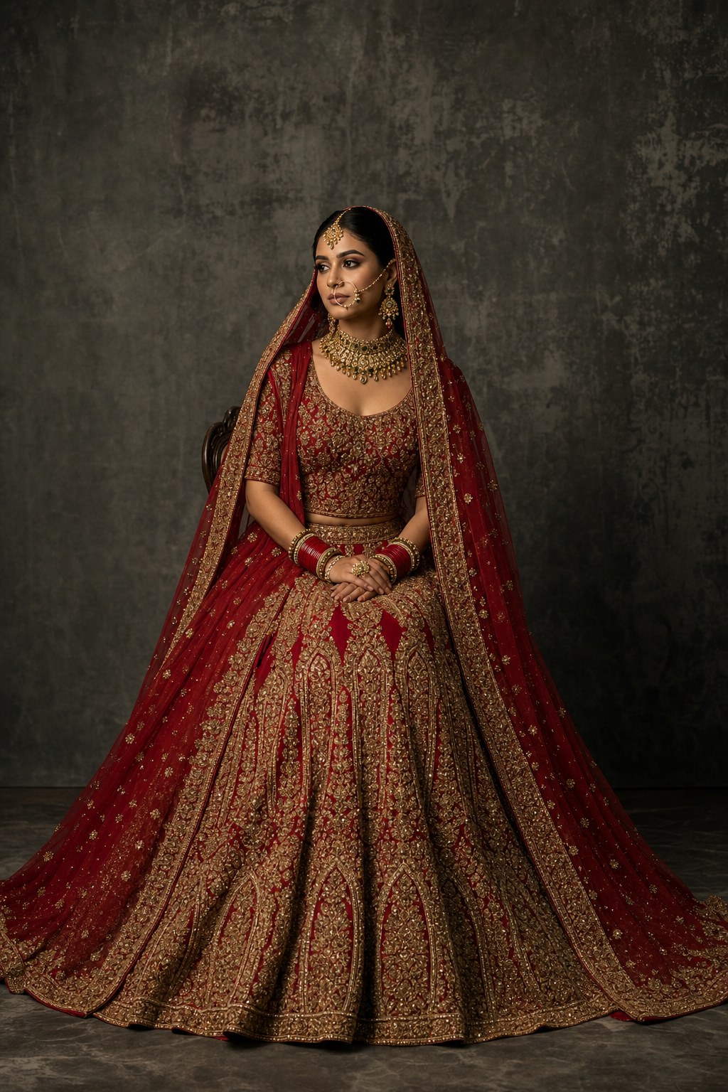 Crimson bridal lehenga with gold embroidery