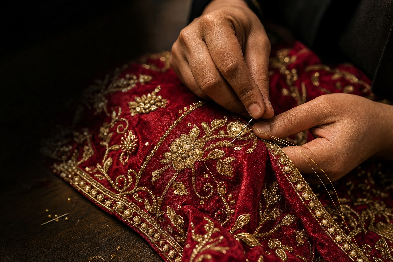 Hands adding gold embroidery to a couture textile