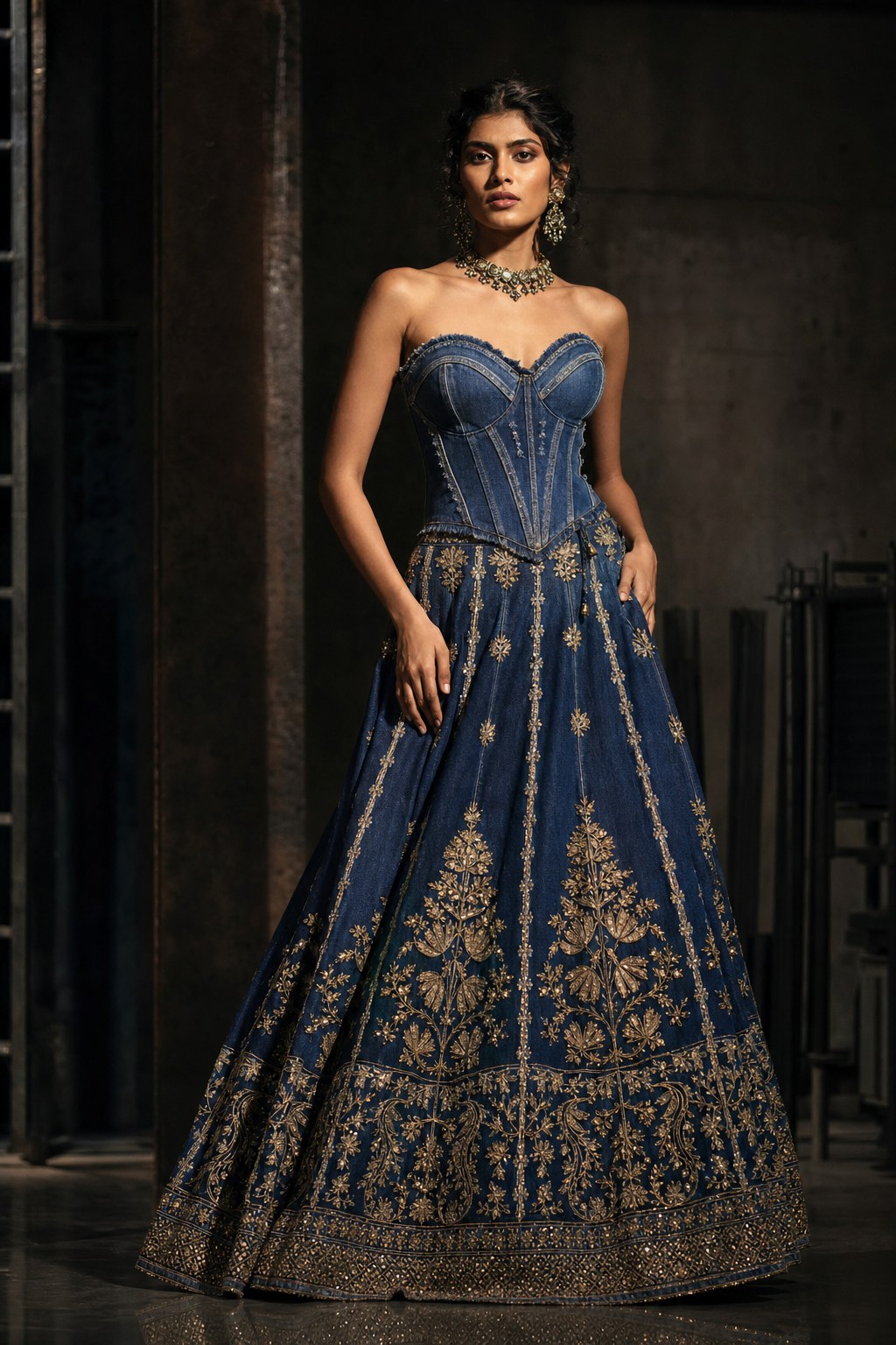 Indigo denim couture with gold Indian embroidery