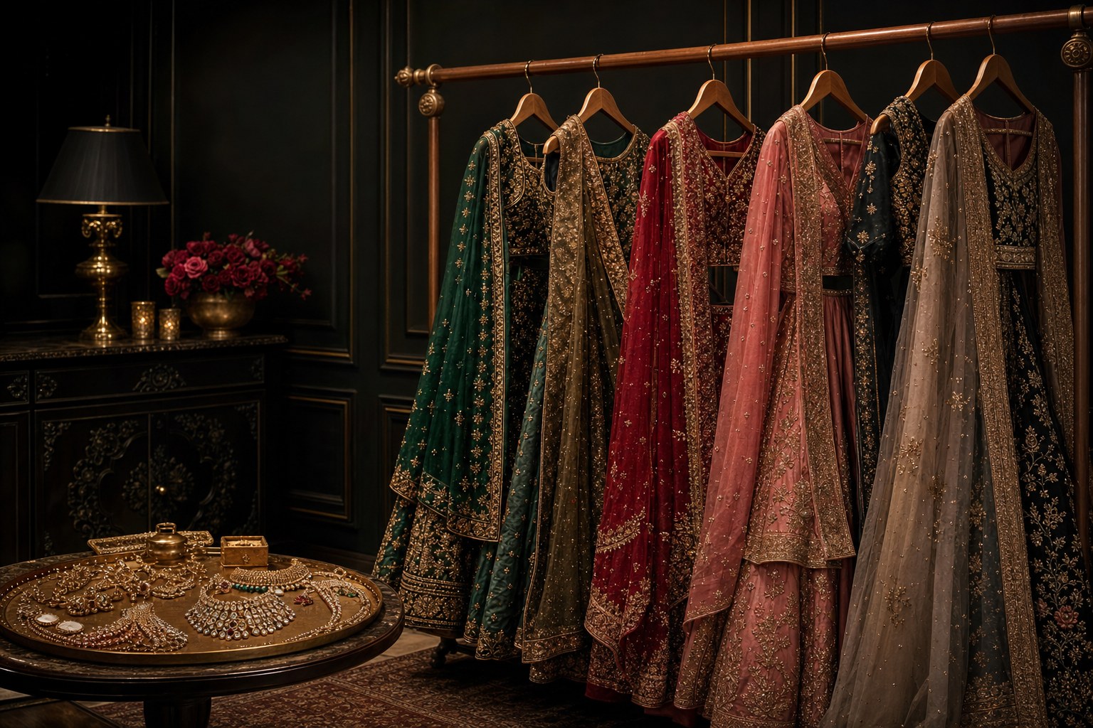 Embroidered Indian occasion wear in jewel tones on a garment rail
