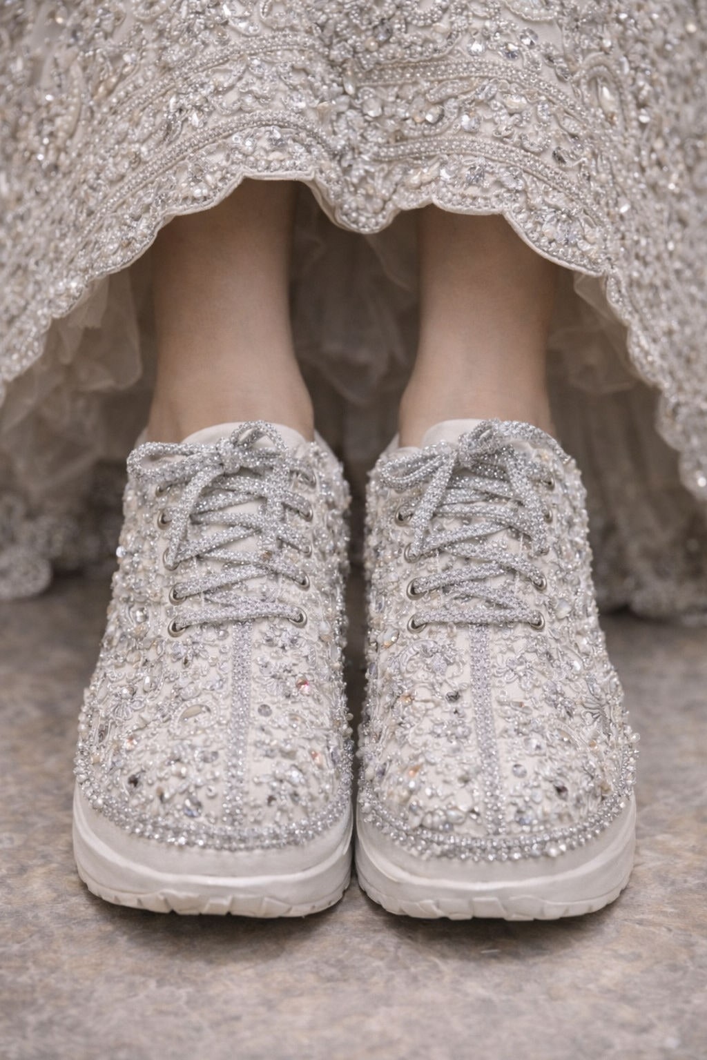 Embellished ivory sneakers with crystal and floral embroidery
