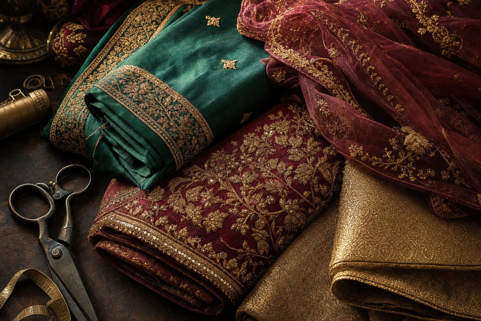Jewel-tone Indian textiles with gold embroidery and a sheer dupatta