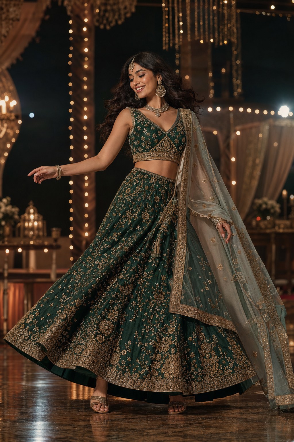 Wedding guest wearing an emerald embroidered lehenga at an evening sangeet celebration