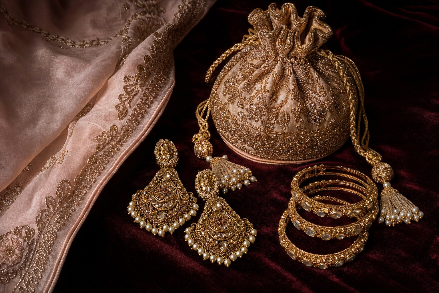 Antique-gold Indian earrings, bangles, embroidered potli bag, and blush dupatta on velvet