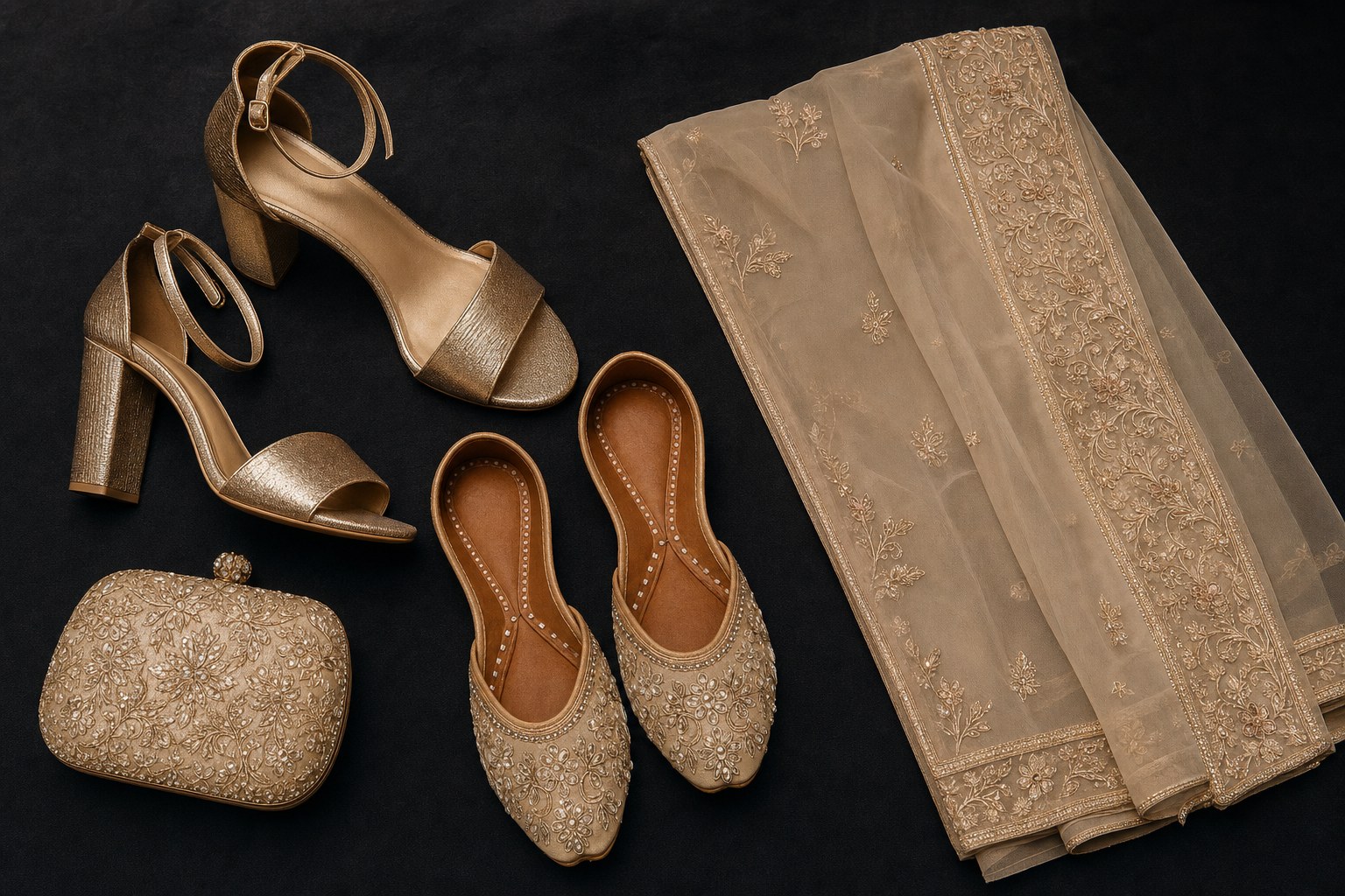 Gold block heels, embroidered juttis, a beaded clutch, and a sheer embroidered dupatta