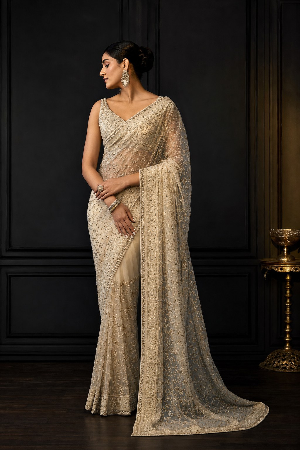 Modern saree styled for an Indian celebration