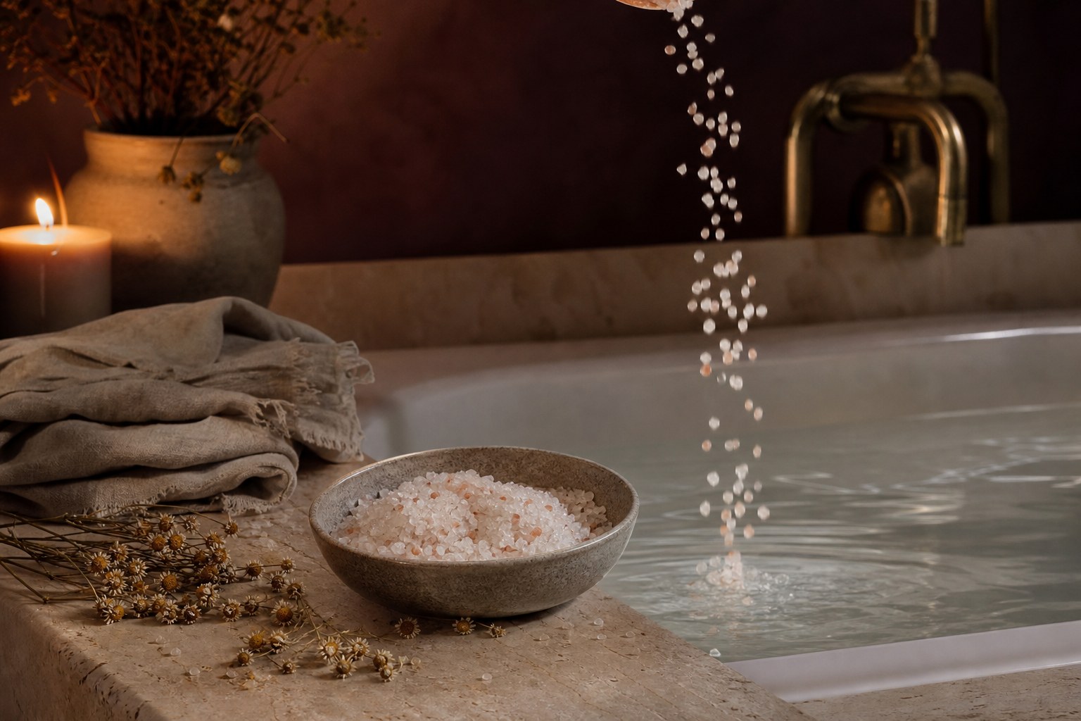 Mineral bath salts falling into a warm bath beside linen and chamomile