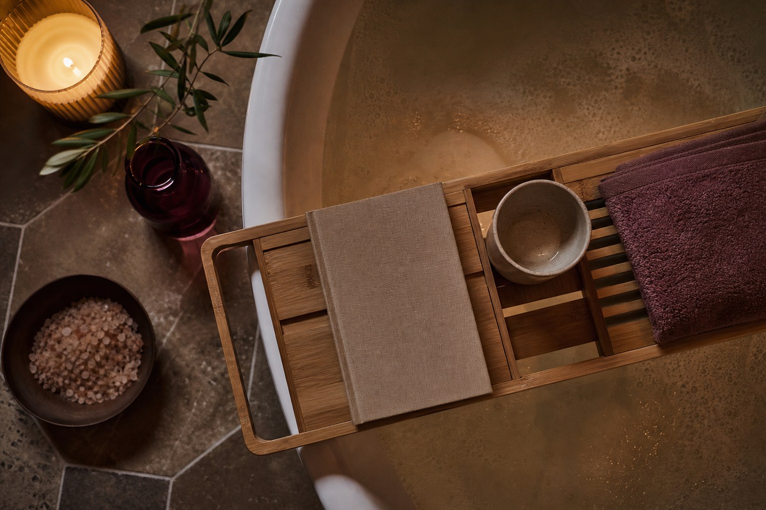 A simple bath tray with linen, candlelight, and mineral bath salts