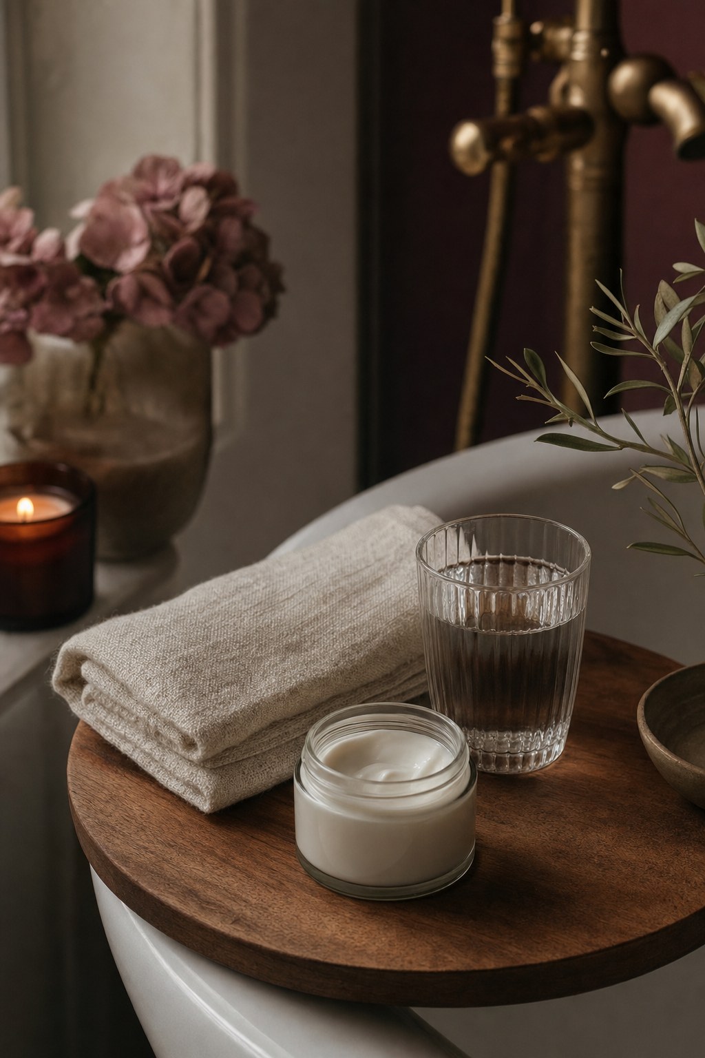 Towel, moisturizer, and water set out for gentle after-bath care