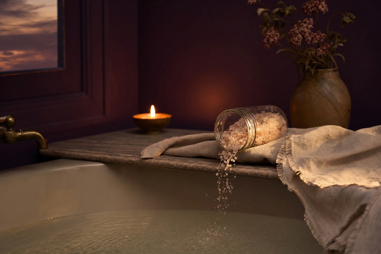Mineral bath soak beside a warm bath, linen, and candlelight
