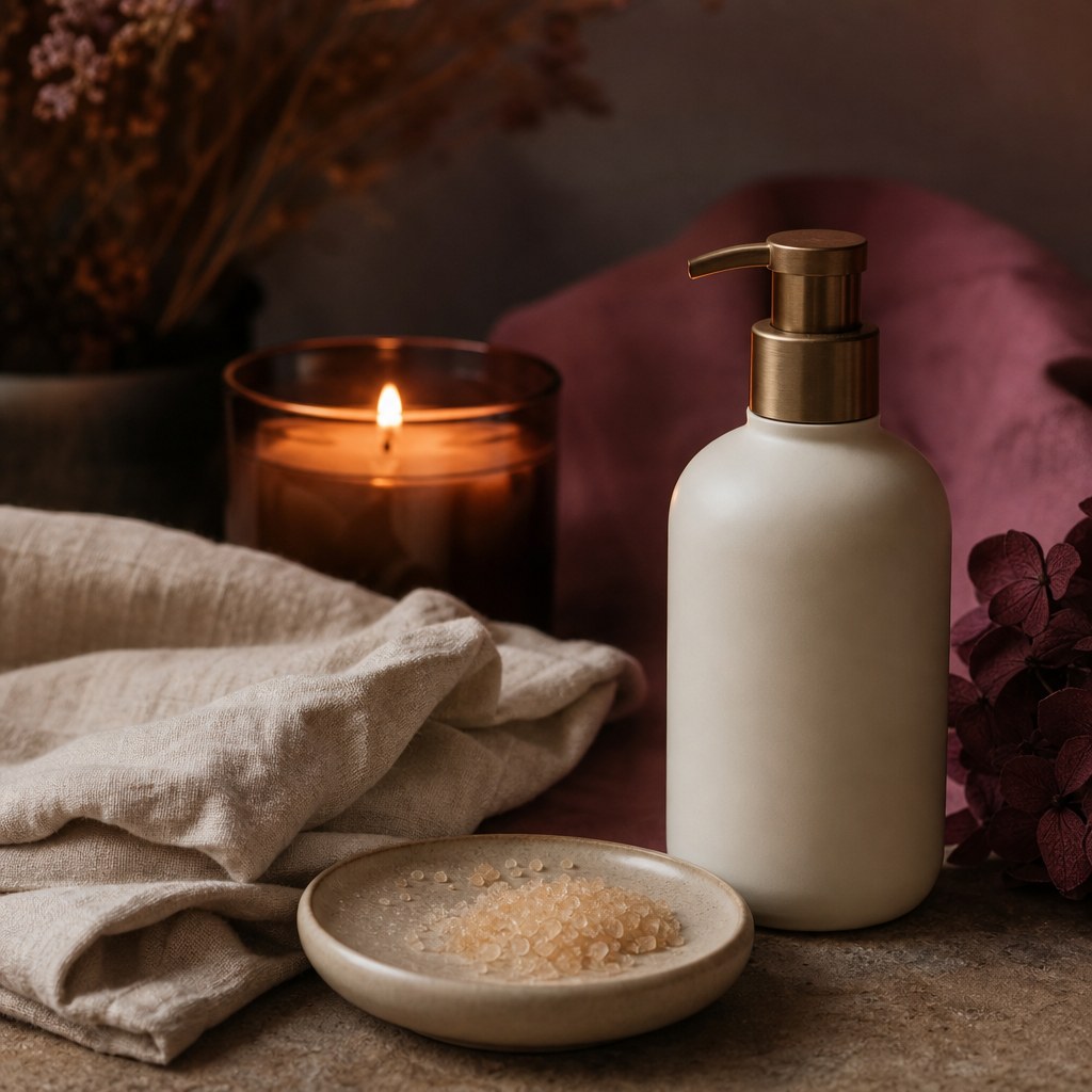 Warm candle, soft linen, and moisturizer for gentle body care after exfoliation