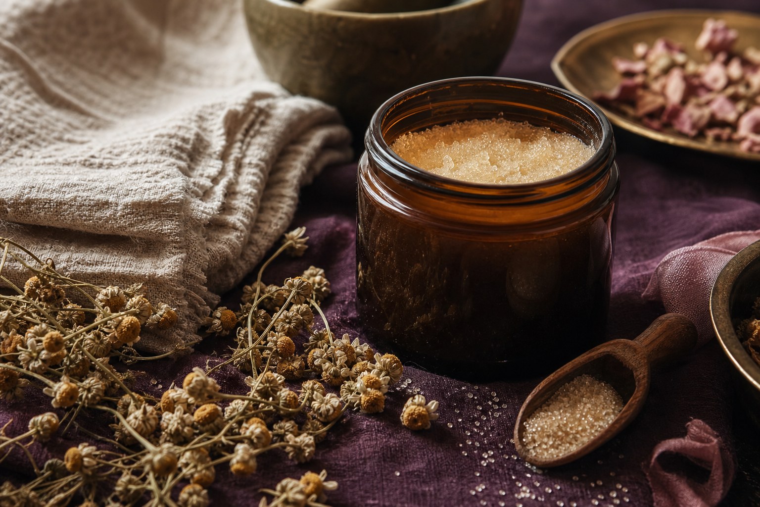 Amber jar of body scrub with a wooden scoop, linen, and dried chamomile