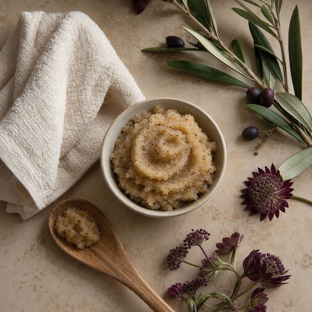 Body scrub, linen towel, and botanicals arranged for a bath ritual