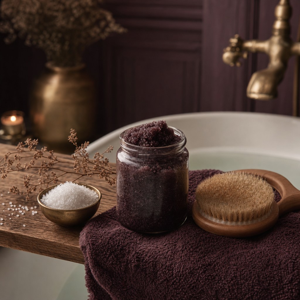 Unbranded body scrub and bath brush arranged beside a warm bath