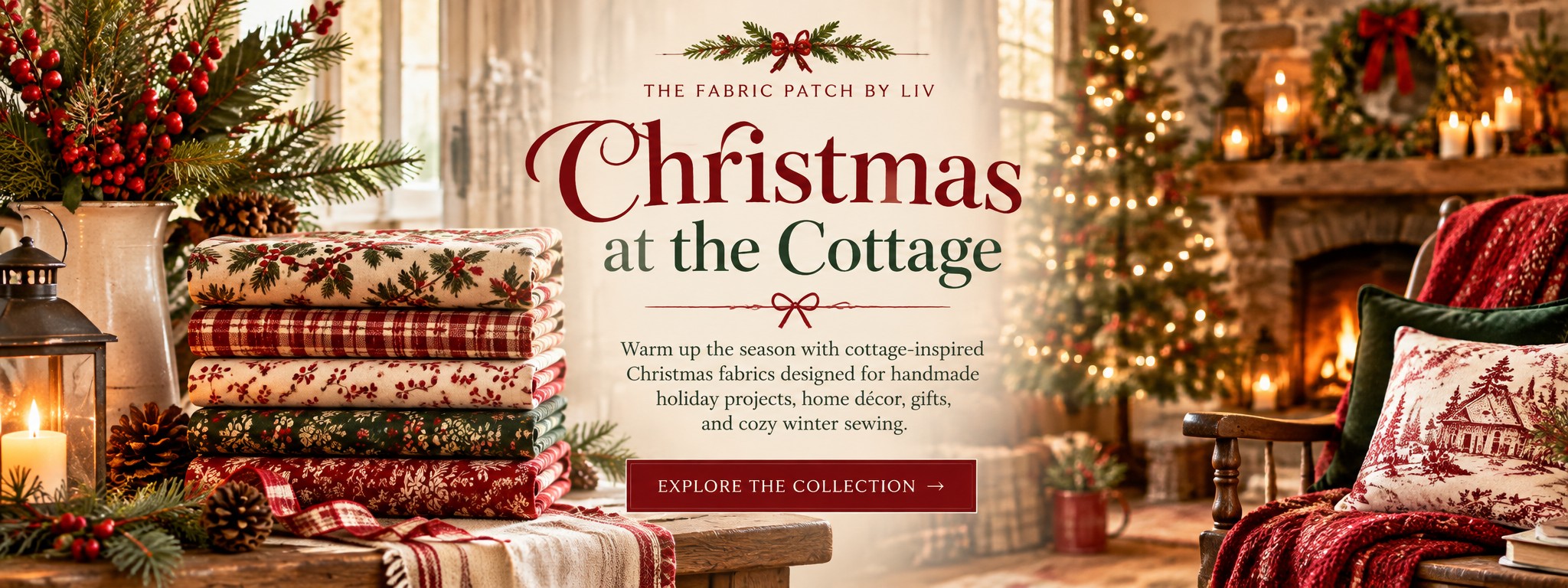 Christmas at the Cottage by The Fabric Patch by Liv: festive cotton fabrics beside a glowing fireplace, Christmas tree, candles and a cozy armchair.