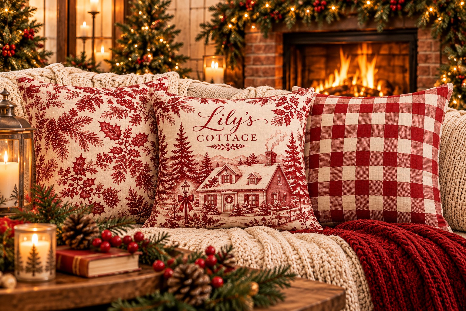 Cranberry botanical, Lily’s Cottage scenic, and red gingham cushions on a knitted sofa beside a Christmas fireplace with evergreen garlands and candles.