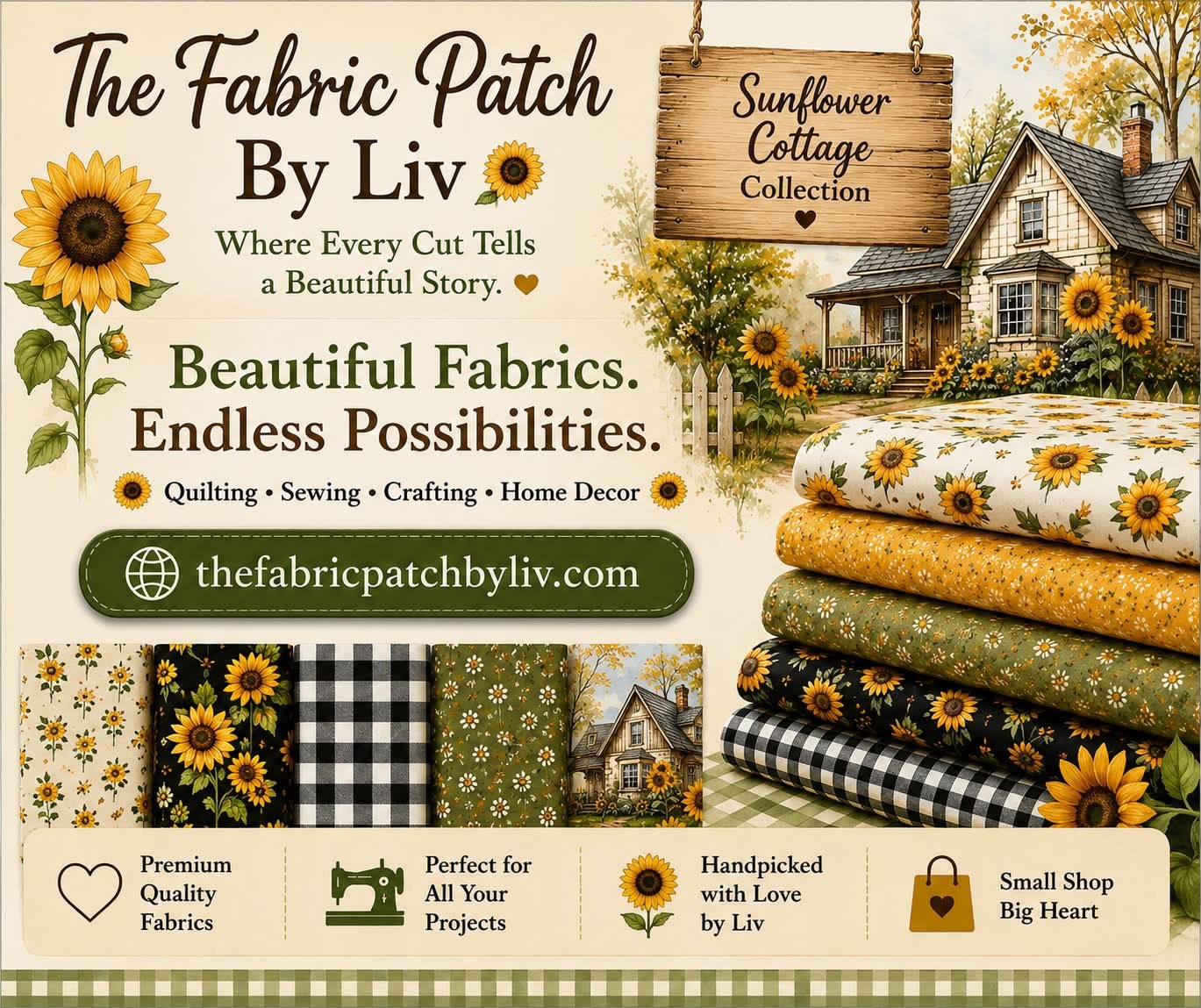 Sunflower Cottage custom fabric collection with floral, gingham and sunflower cotton twill designs