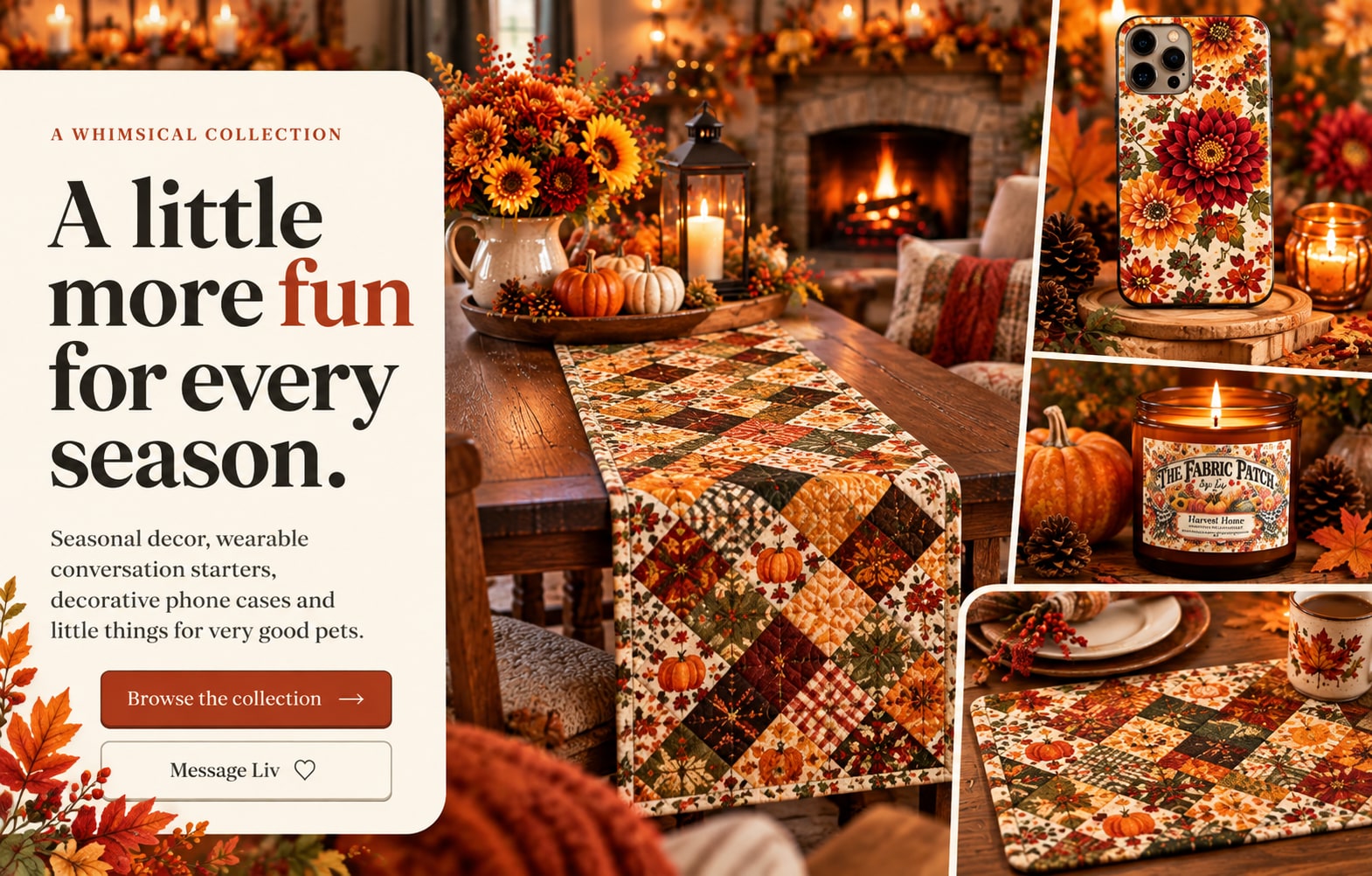 Autumn collection from The Fabric Patch by Liv, featuring a patchwork table runner, floral phone case, and Harvest Home candle.