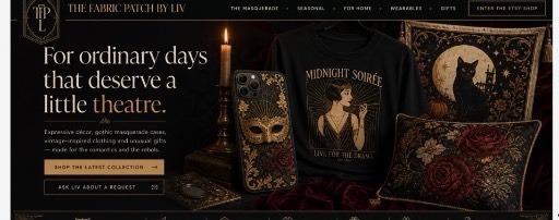 The Fabric Patch by Liv Masquerade Series display with a candle, phone case, shirt, wall hanging and decorative pillow