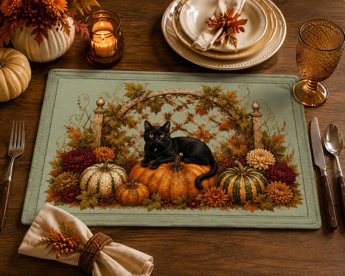 Autumn Black Cat Quilted Placemat