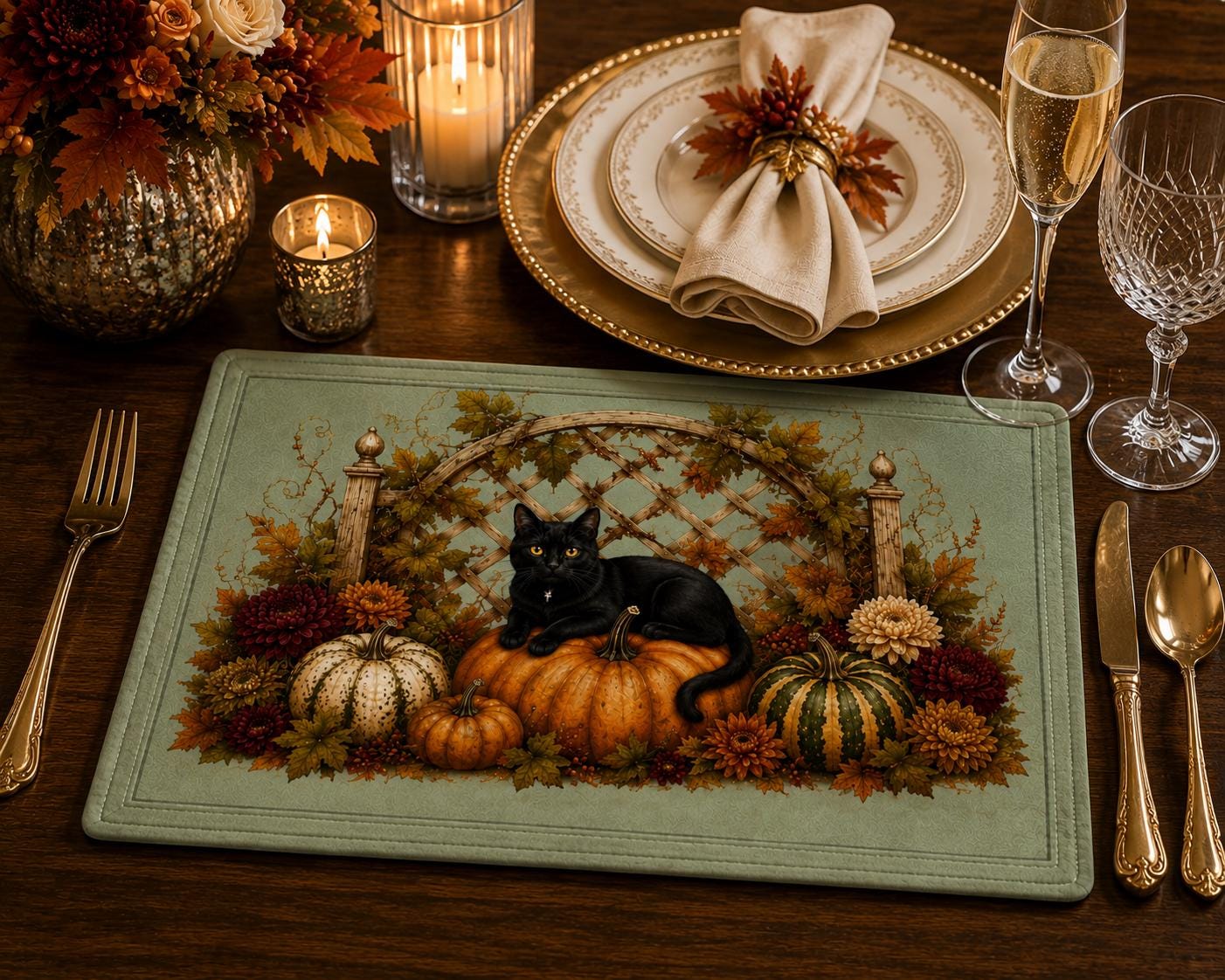 Autumn Black Cat Quilted Placemat, product view 2