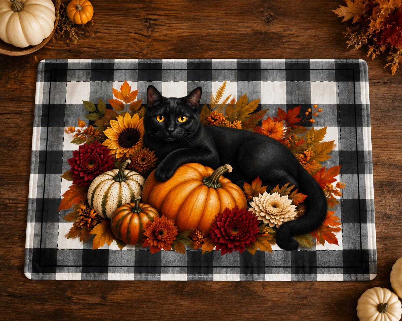 Autumn Black Cat Quilted Placemat — Fall Pumpkins & Plaid Table Decor