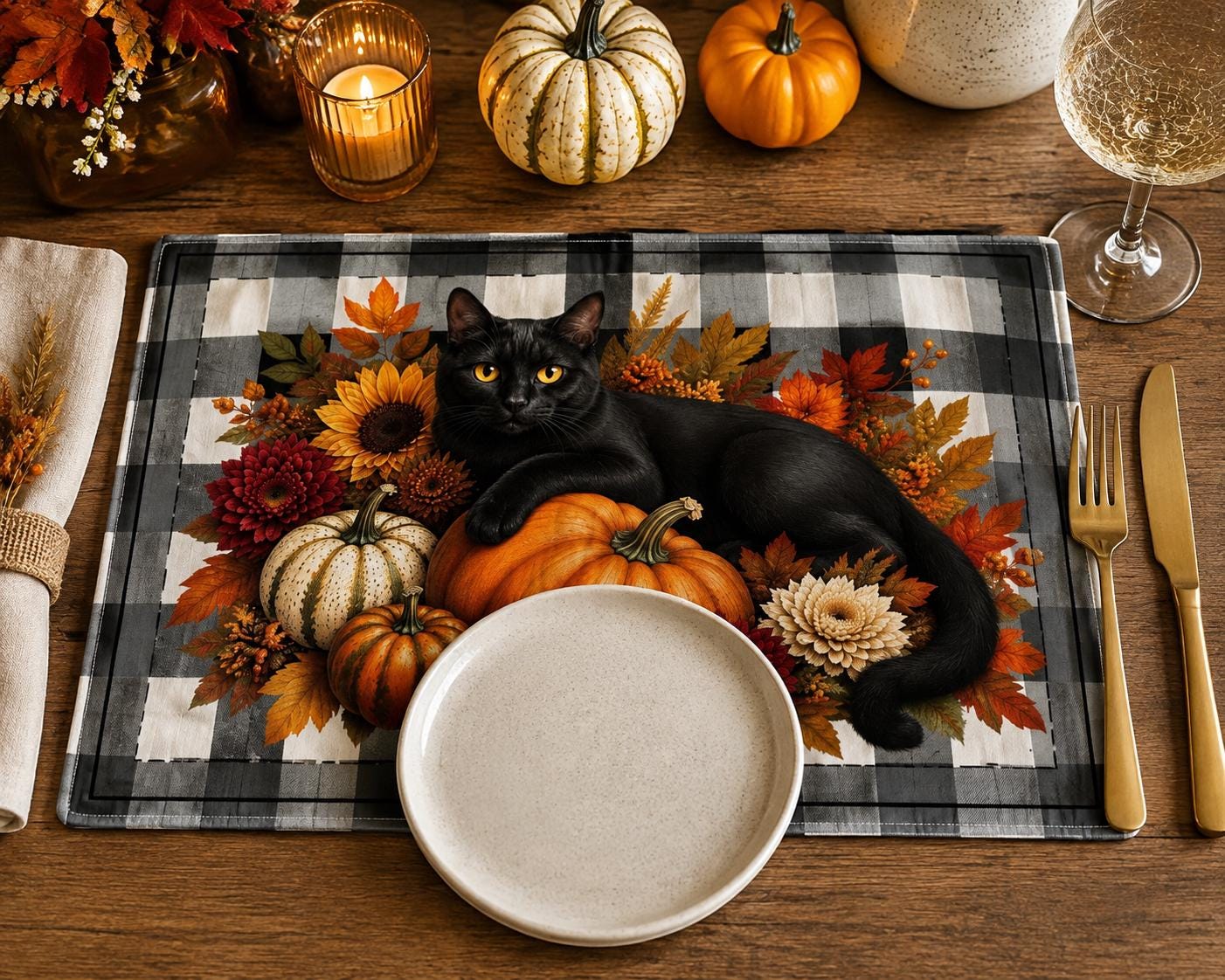 Autumn Black Cat Quilted Placemat — Fall Pumpkins & Plaid Table Decor, product view 2