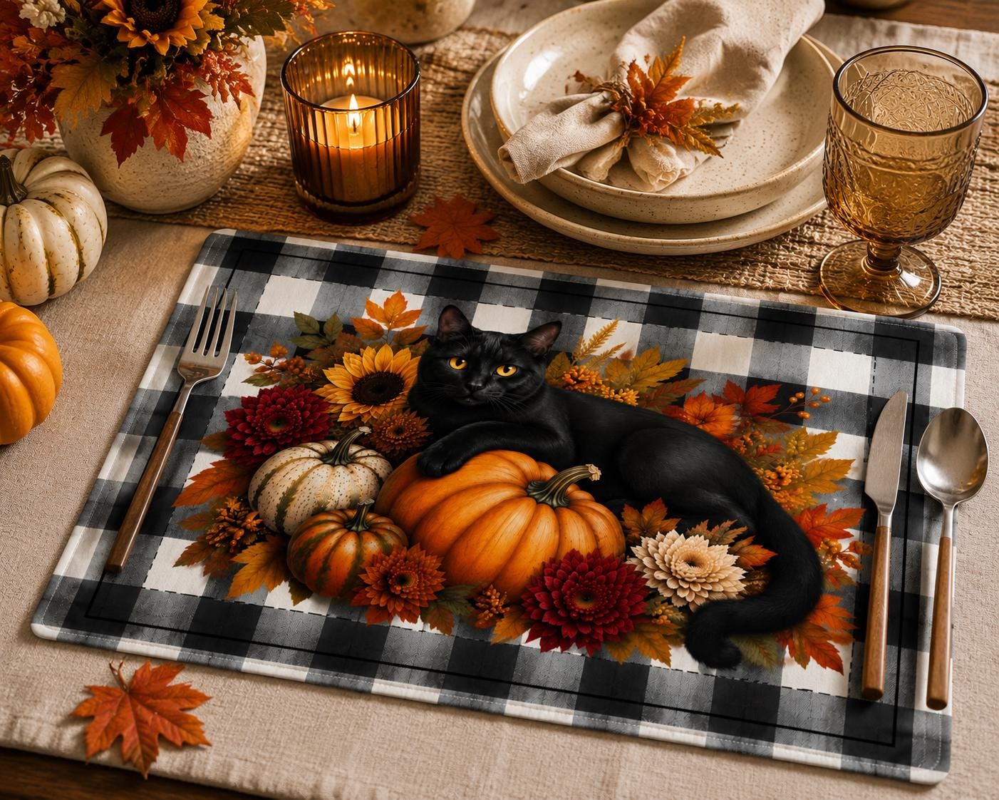 Autumn Black Cat Quilted Placemat — Fall Pumpkins & Plaid Table Decor, product view 3
