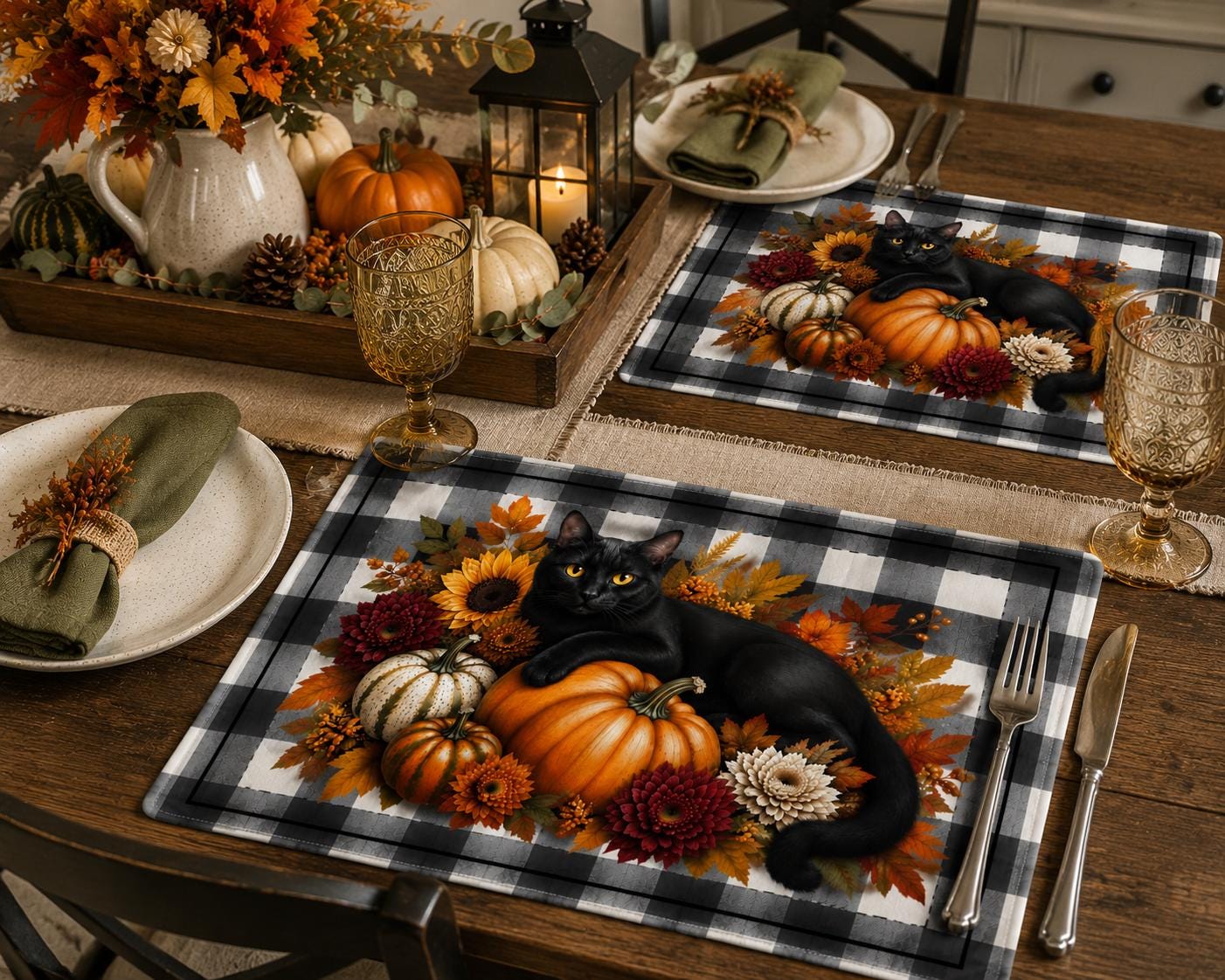 Autumn Black Cat Quilted Placemat — Fall Pumpkins & Plaid Table Decor, product view 4