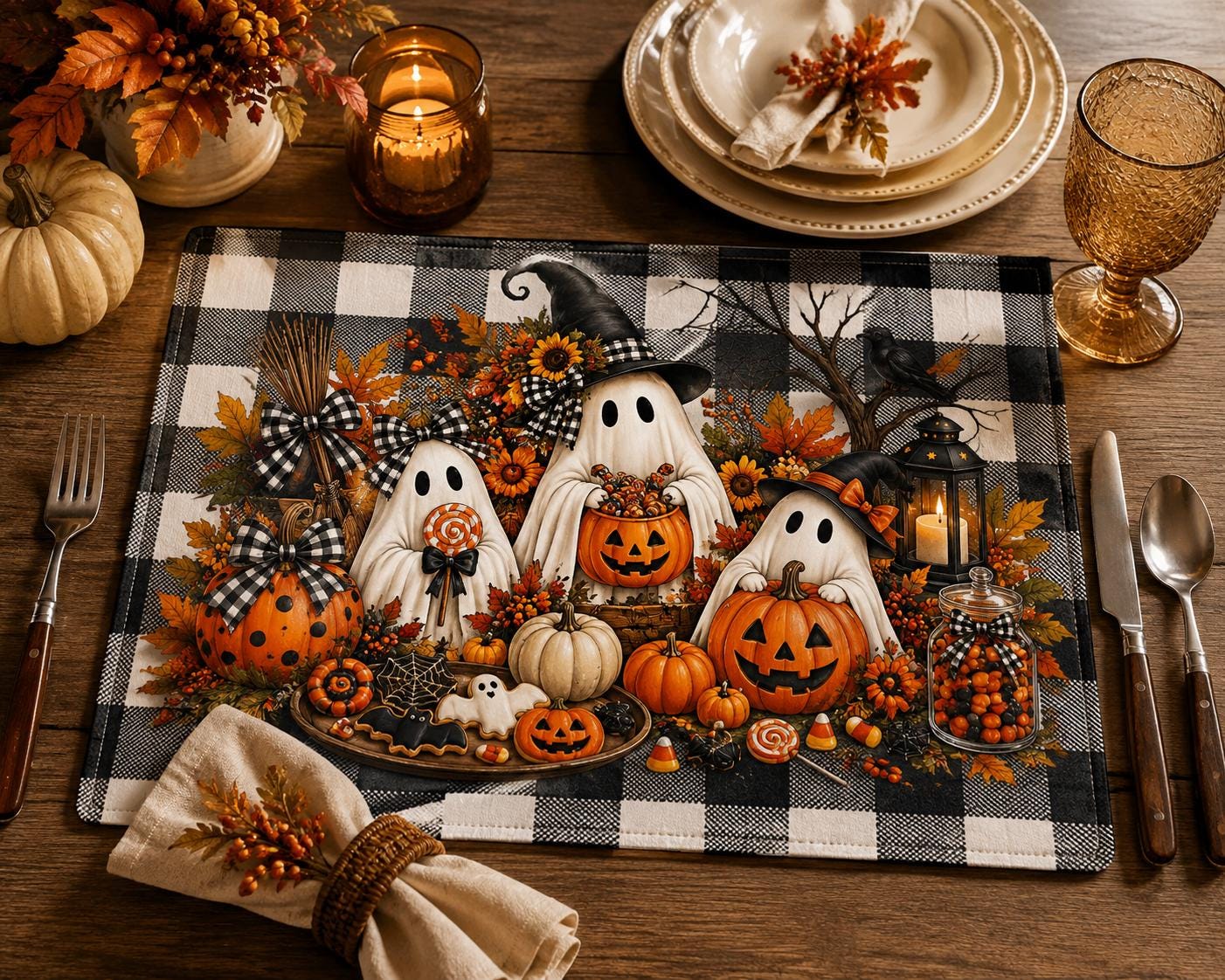Quilted Placemat — Halloween Ghosts & Pumpkins Buffalo Check Table Mat