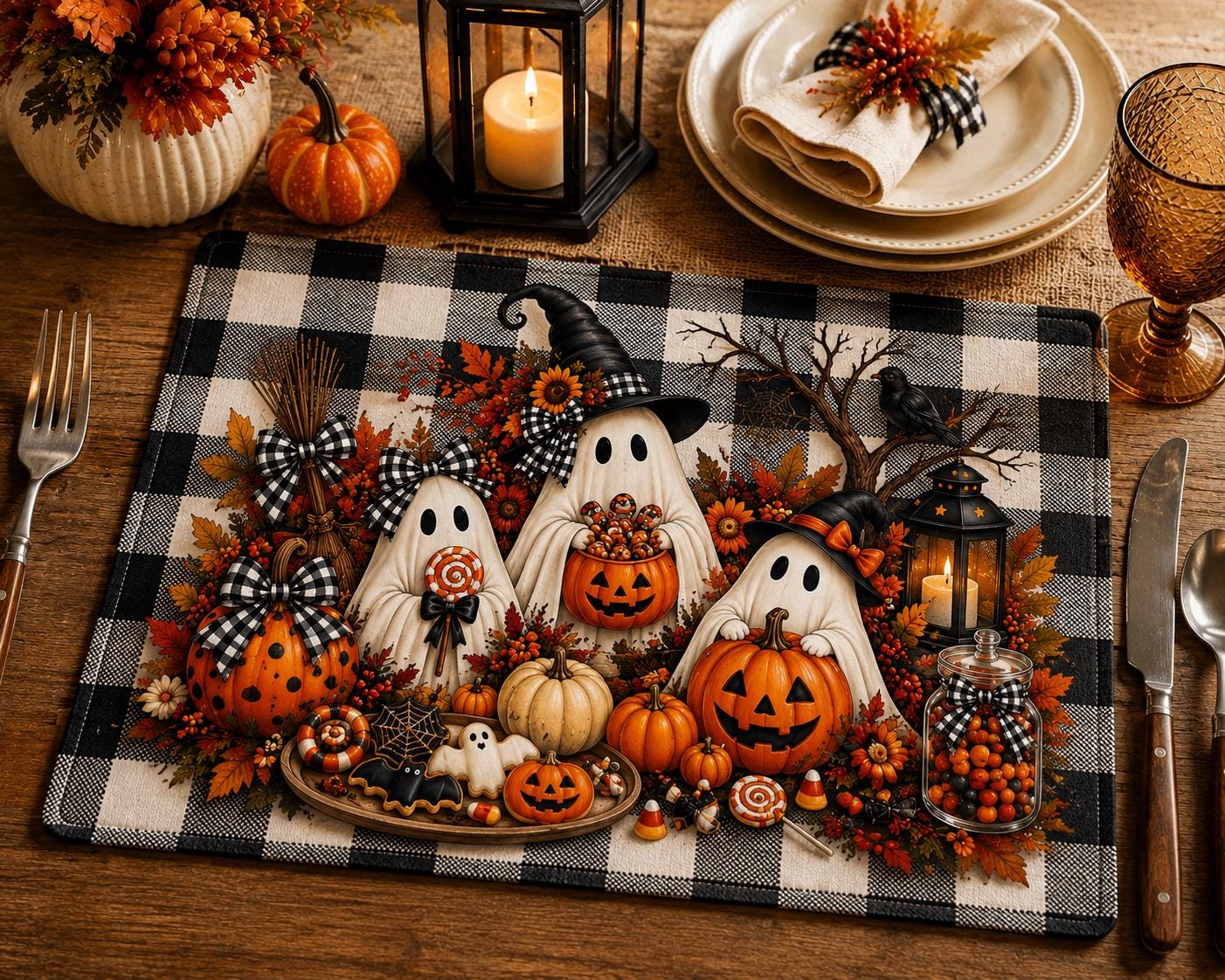 Quilted Placemat — Halloween Ghosts & Pumpkins Buffalo Check Table Mat, product view 2