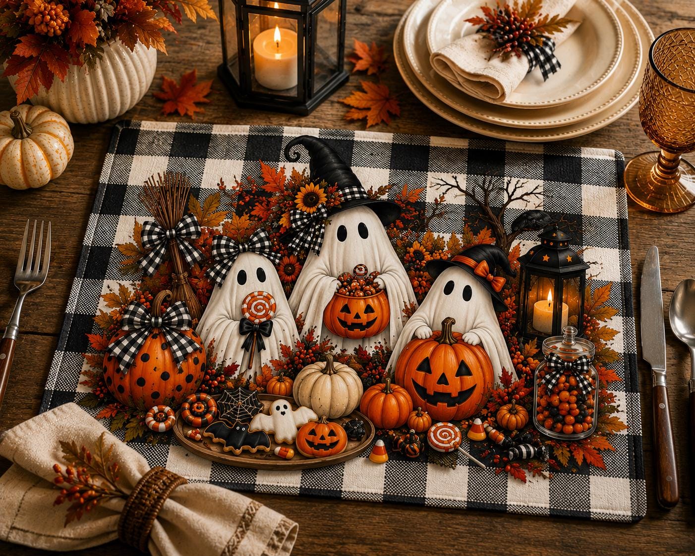 Quilted Placemat — Halloween Ghosts & Pumpkins Buffalo Check Table Mat, product view 3