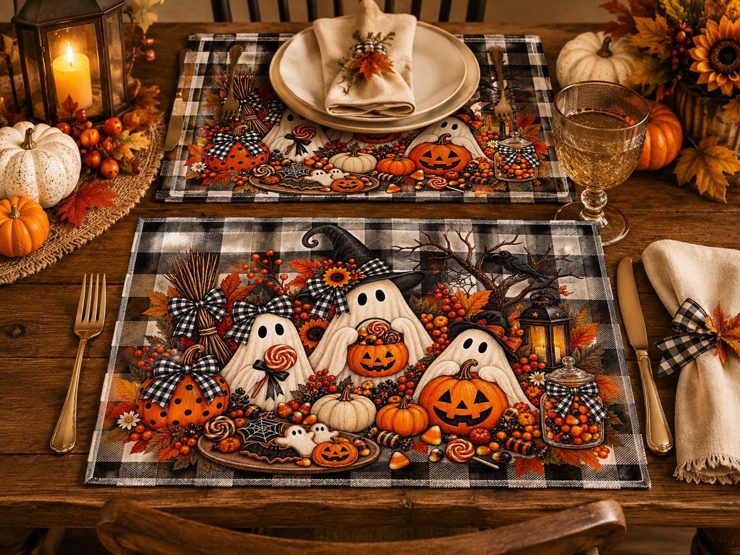 Quilted Placemat — Halloween Ghosts & Pumpkins Buffalo Check Table Mat, product view 4