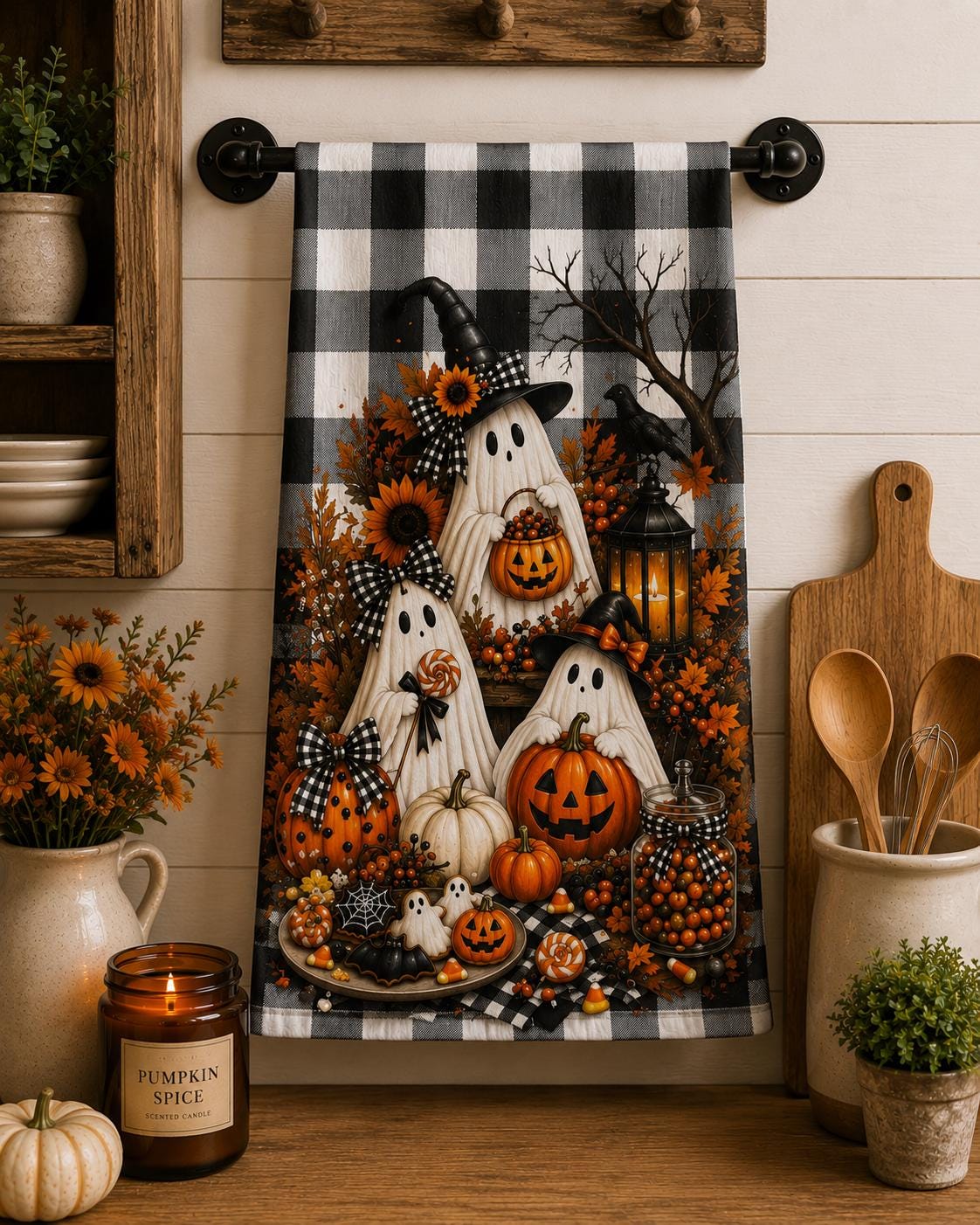 Halloween Ghosts Tea Towel — Pumpkin & Buffalo Check Kitchen Towel