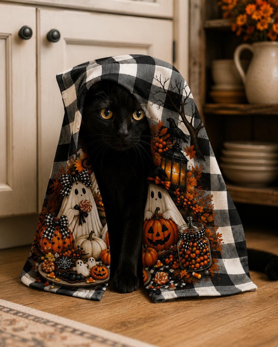Halloween Ghosts Tea Towel — Pumpkin & Buffalo Check Kitchen Towel, product view 2