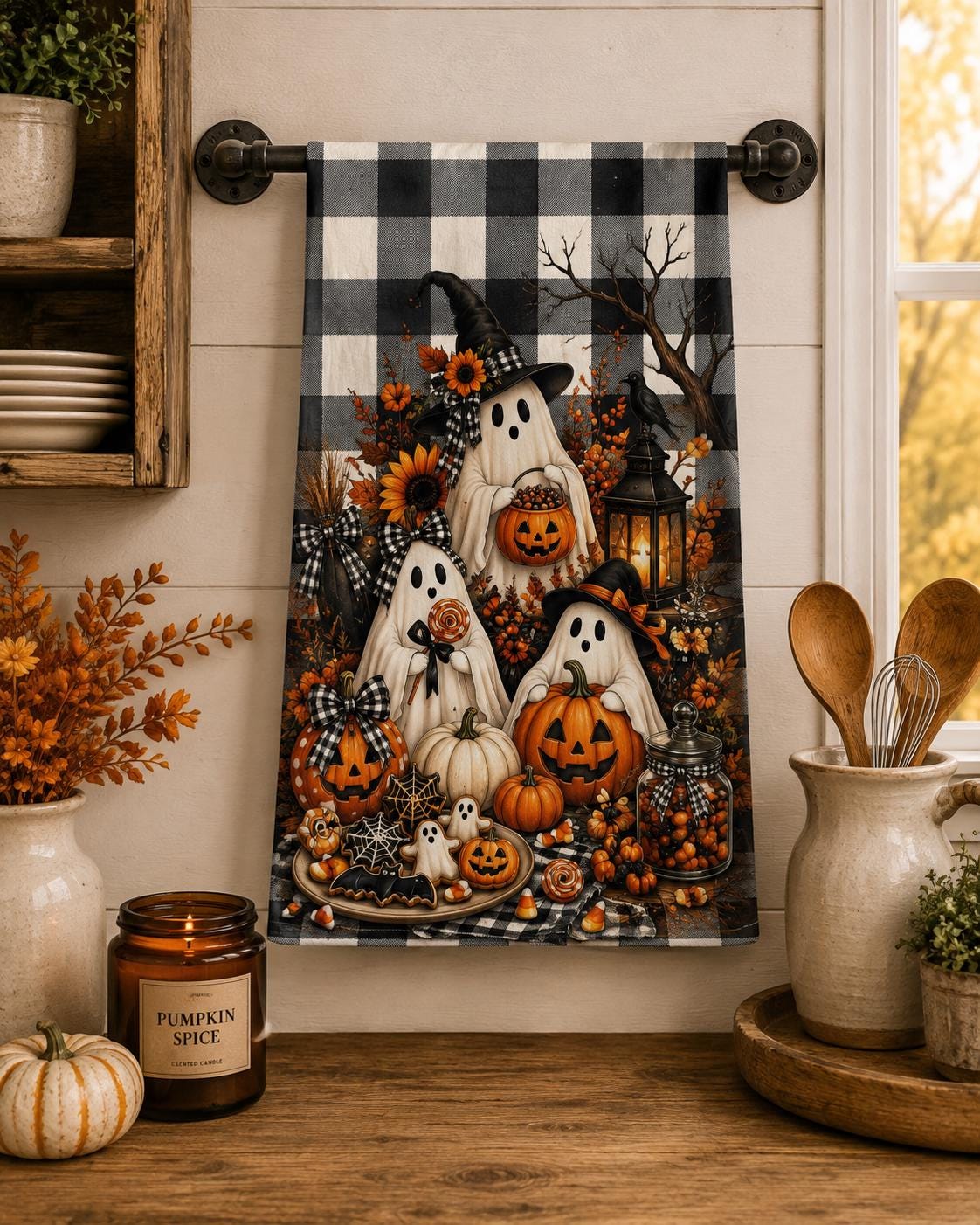 Halloween Ghosts Tea Towel — Pumpkin & Buffalo Check Kitchen Towel, product view 3
