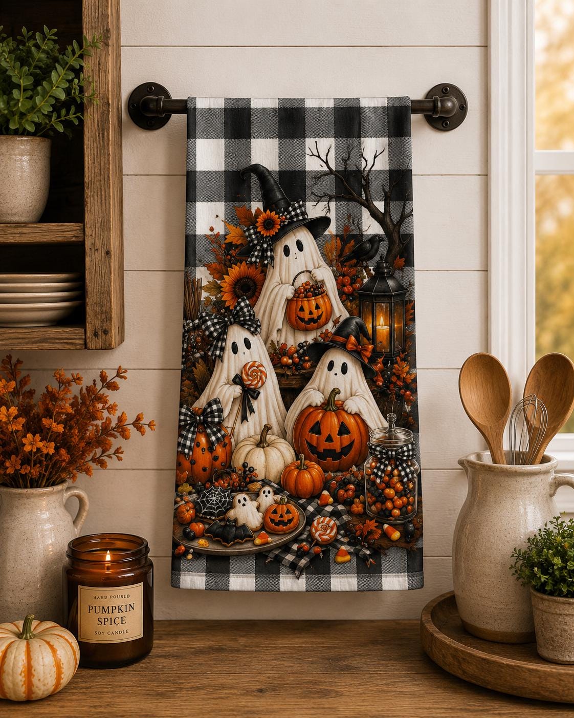 Halloween Ghosts Tea Towel — Pumpkin & Buffalo Check Kitchen Towel, product view 4