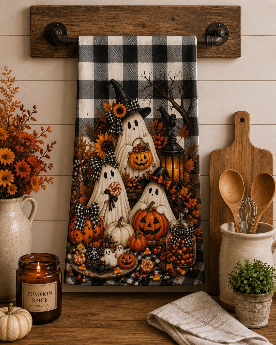 Halloween Ghosts Tea Towel — Pumpkin & Buffalo Check Kitchen Towel, product view 5