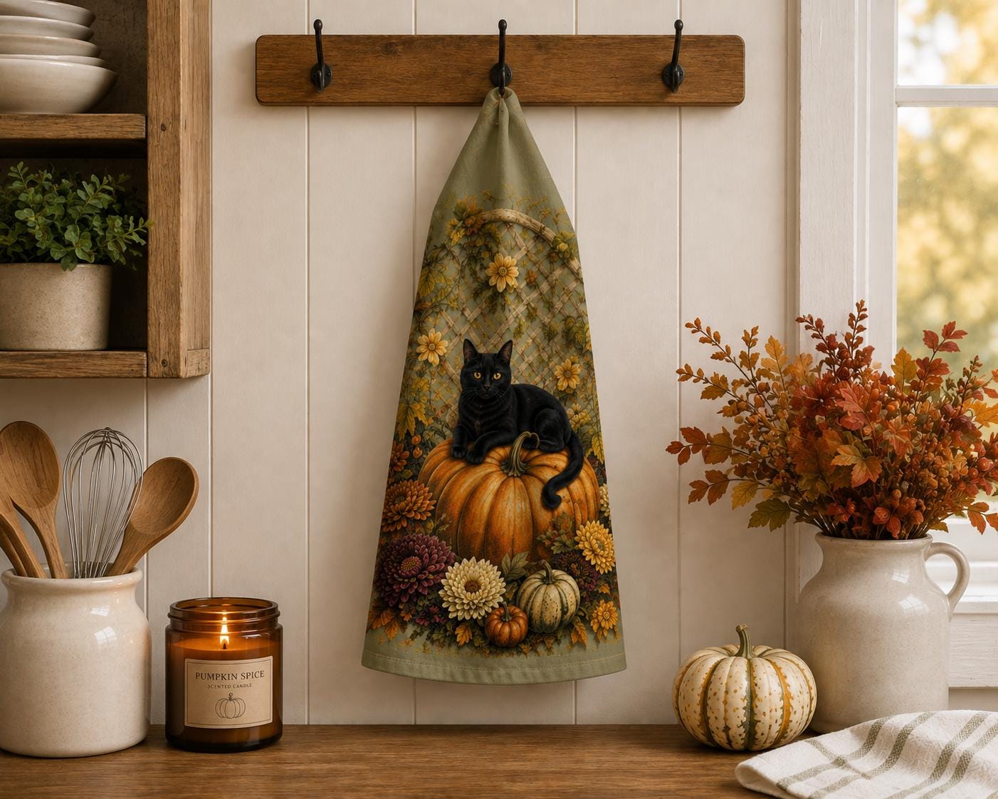Autumn Black Cat on Pumpkin Tea Towel