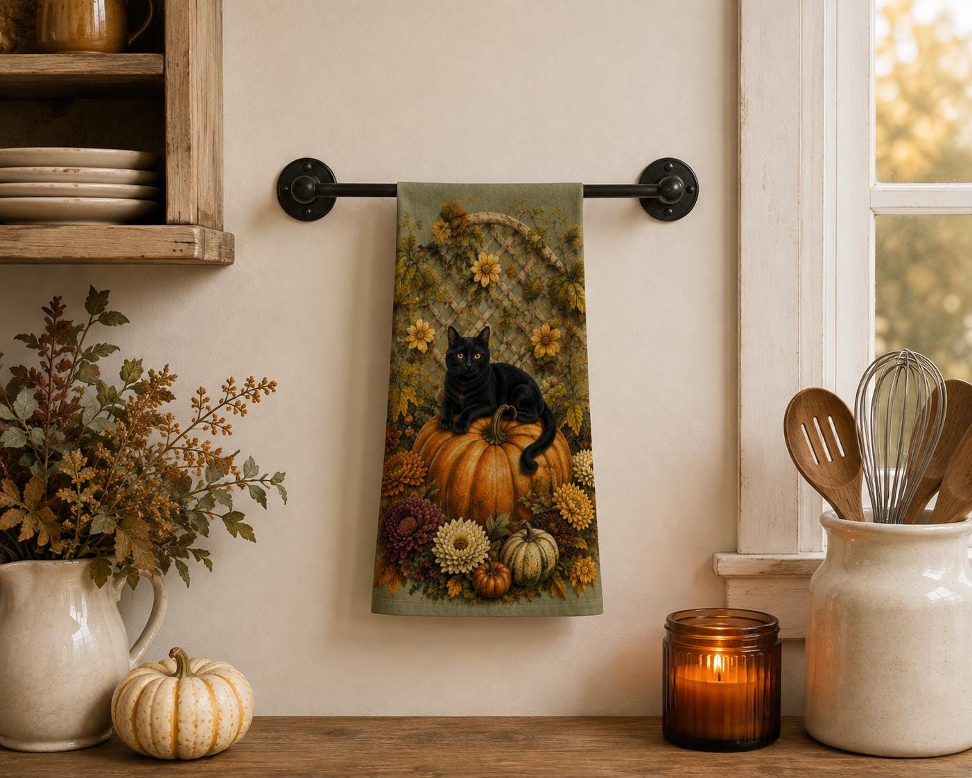 Autumn Black Cat on Pumpkin Tea Towel, product view 2