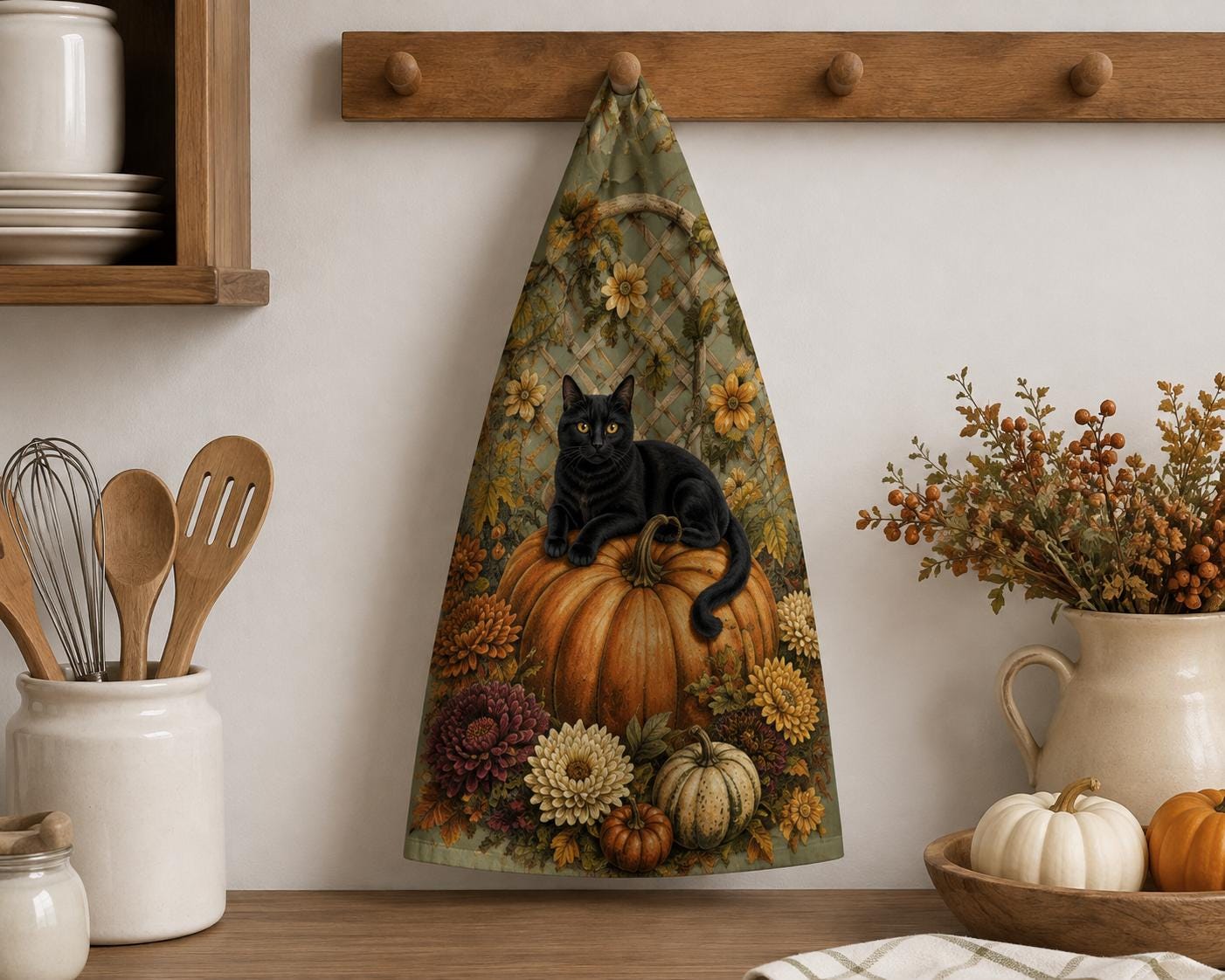Autumn Black Cat on Pumpkin Tea Towel, product view 3