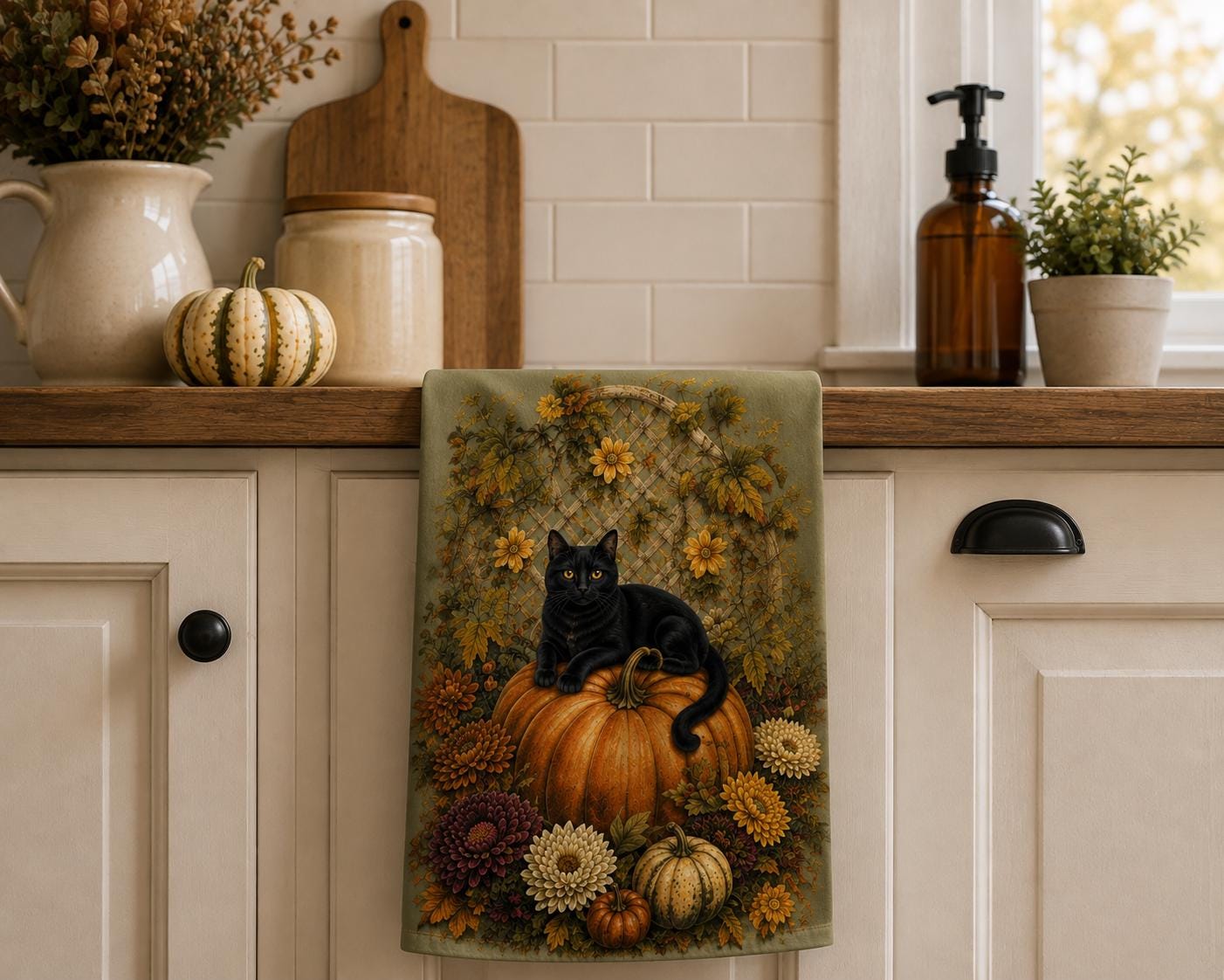Autumn Black Cat on Pumpkin Tea Towel, product view 4