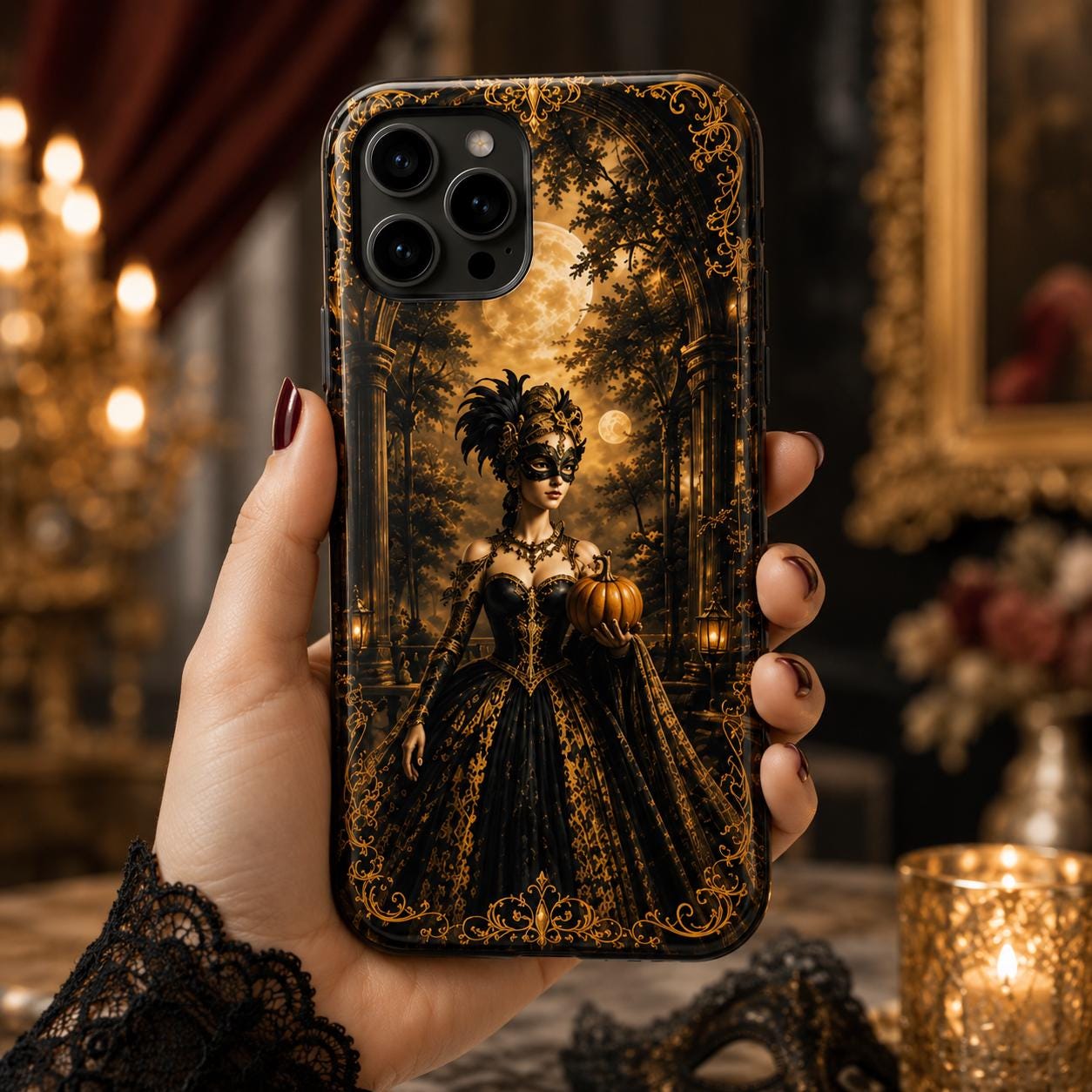 Halloween Masquerade Pumpkin Phone Case — Gothic Victorian Costume iPhone Case, product view 2