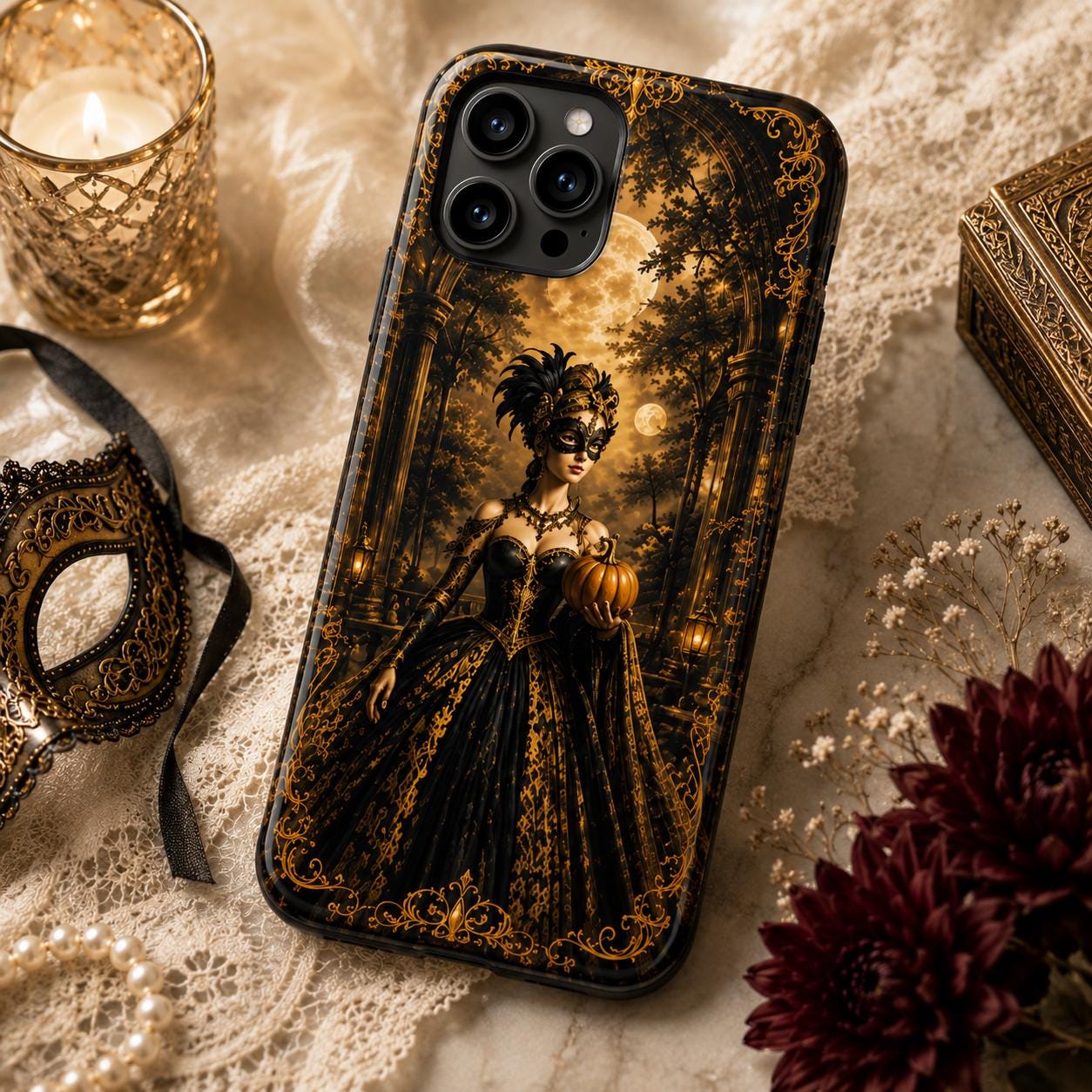 Halloween Masquerade Pumpkin Phone Case — Gothic Victorian Costume iPhone Case, product view 3