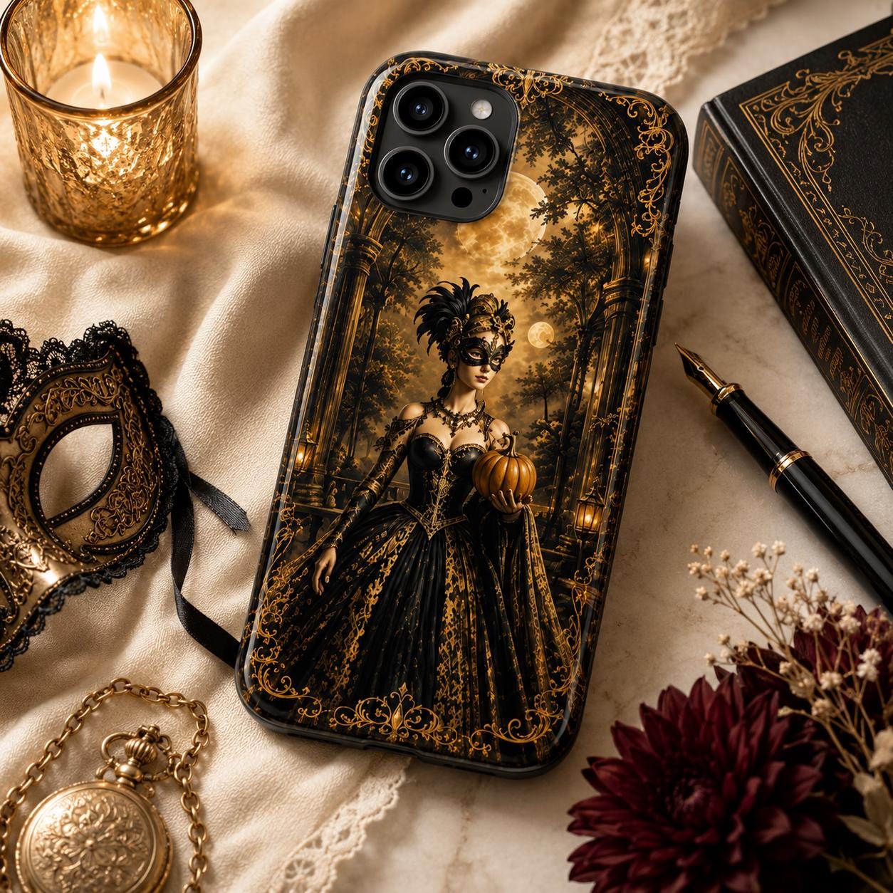 Halloween Masquerade Pumpkin Phone Case — Gothic Victorian Costume iPhone Case, product view 4