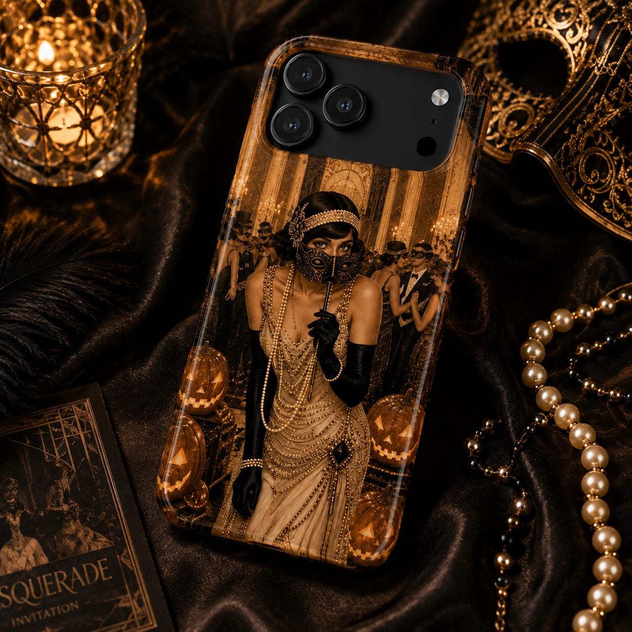 Vintage Masquerade Halloween Tough Phone Case 1920s Flapper Costume Design, product view 3