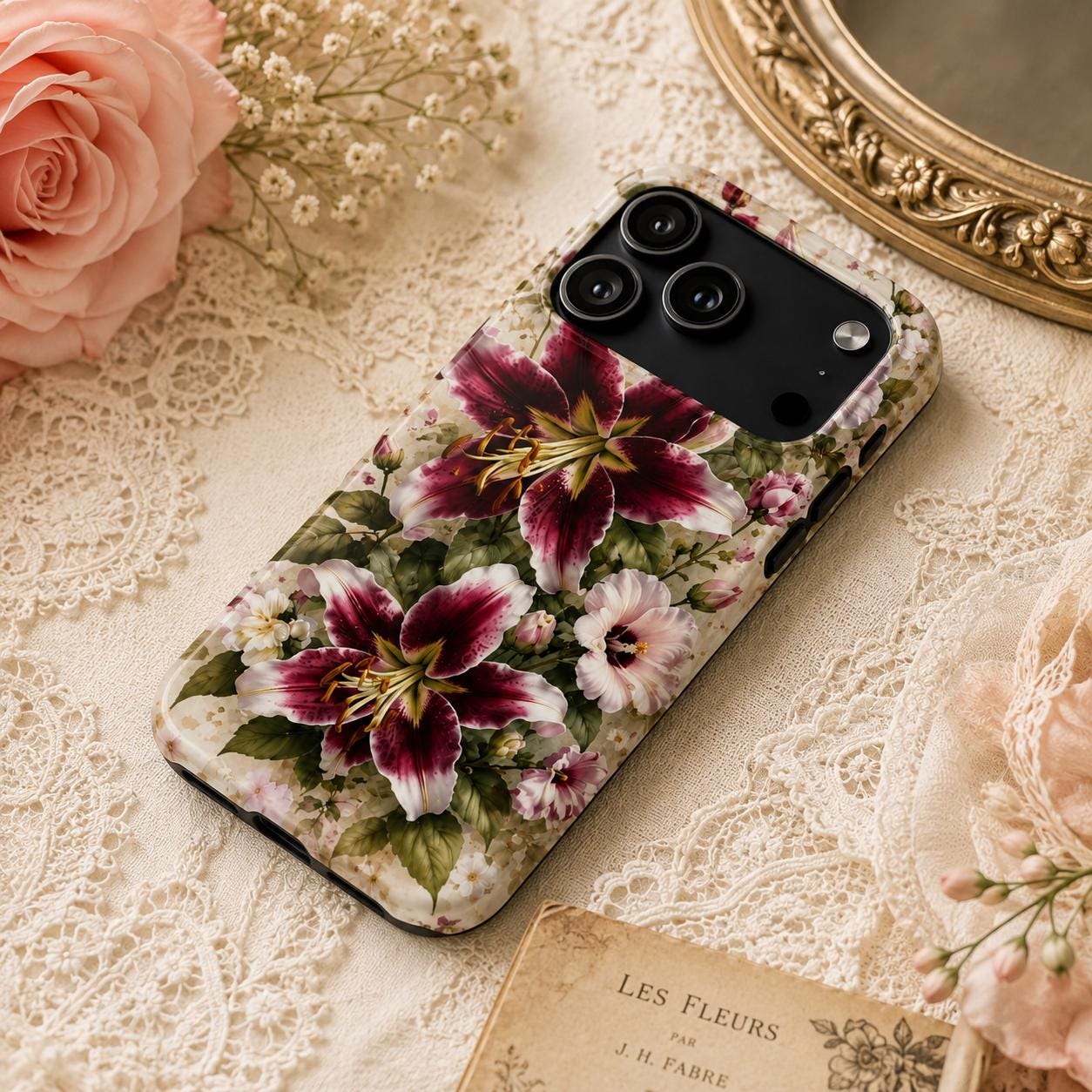 Momma Lillies Tough Phone Case — Vintage Pink & Burgundy Botanical Design