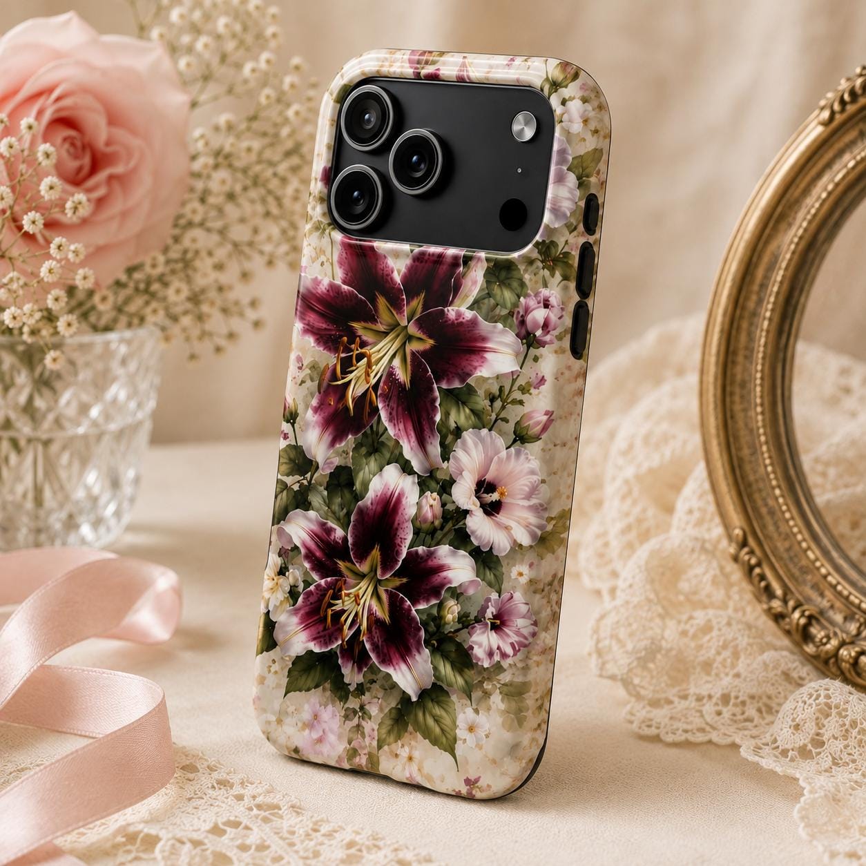 Momma Lillies Tough Phone Case — Vintage Pink & Burgundy Botanical Design, product view 2