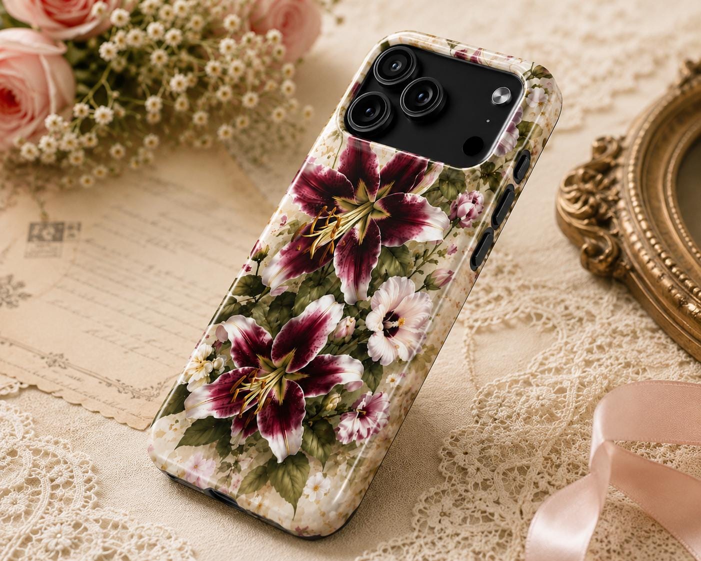 Momma Lillies Tough Phone Case — Vintage Pink & Burgundy Botanical Design, product view 3