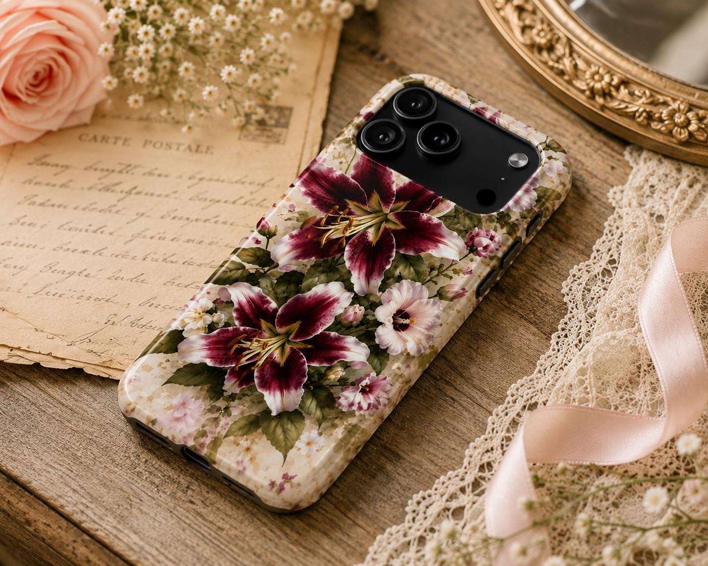 Momma Lillies Tough Phone Case — Vintage Pink & Burgundy Botanical Design, product view 4